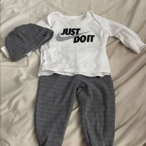 Nike White 'Just Do It' Top with Black & Gray Striped Pants and Beanie
